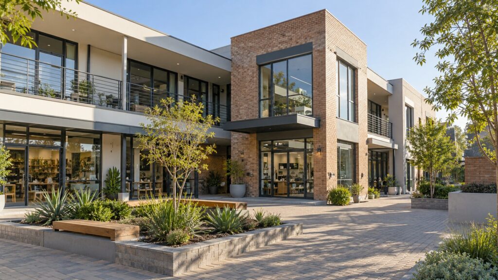 Brick-and-glass commercial building with a landscaped courtyard