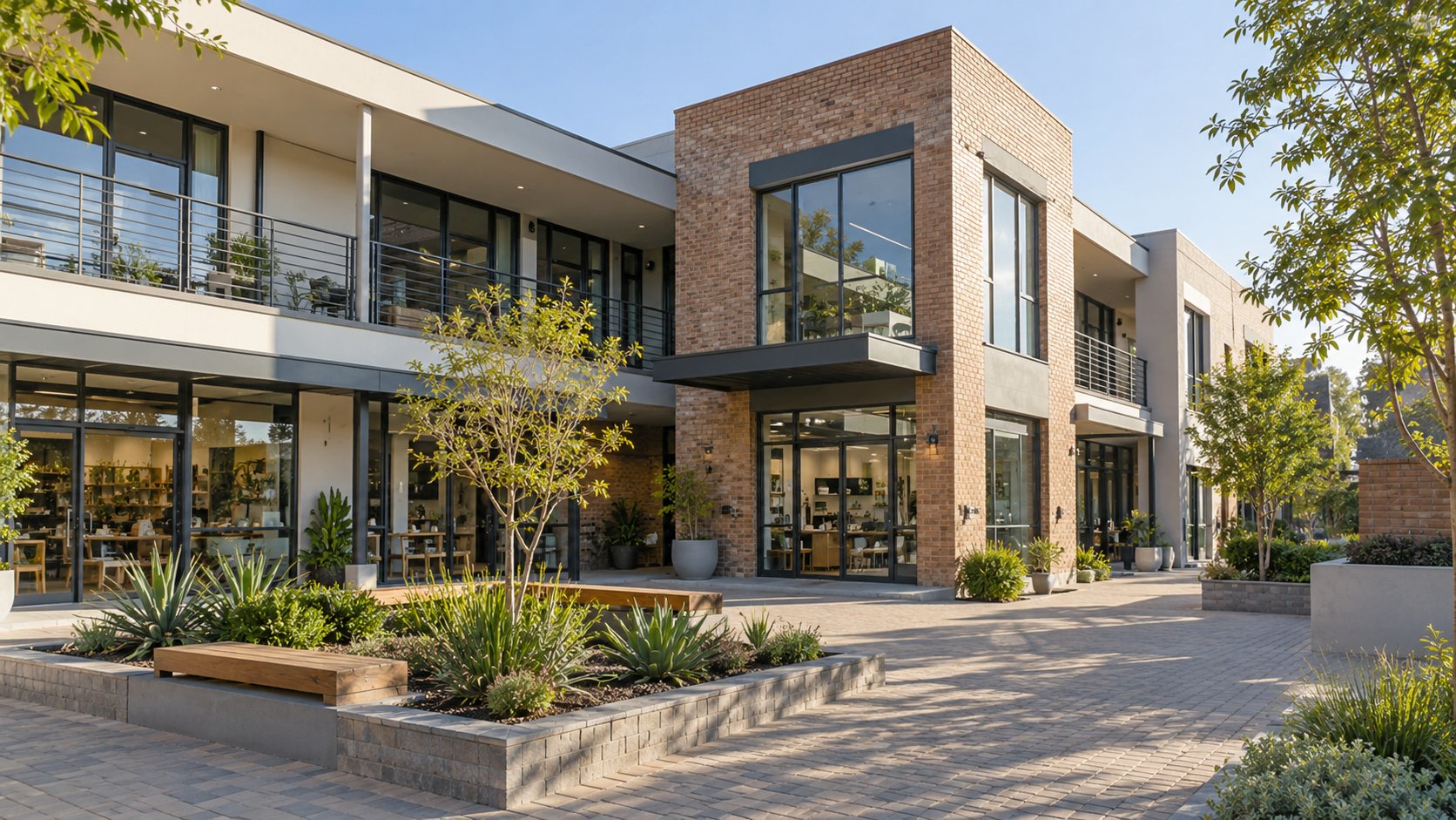 Brick-and-glass commercial building with a landscaped courtyard