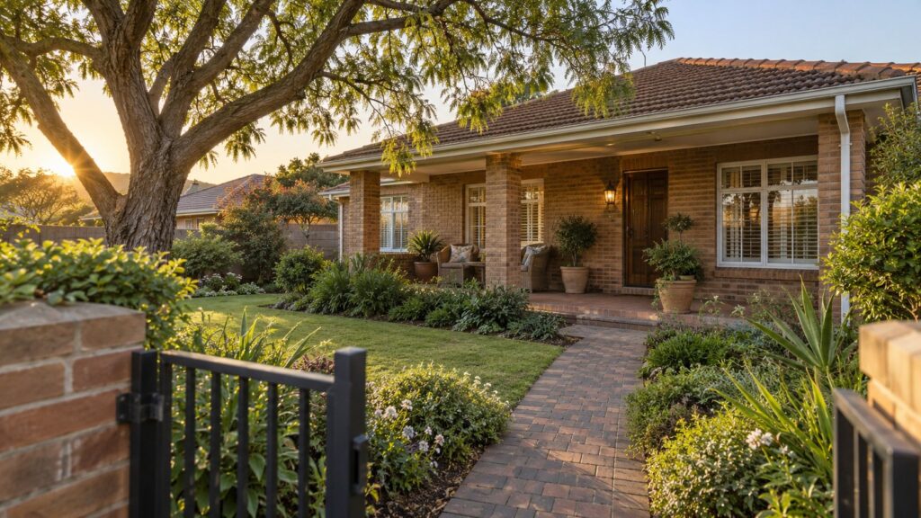 Established brick home with a tiled roof, veranda and garden