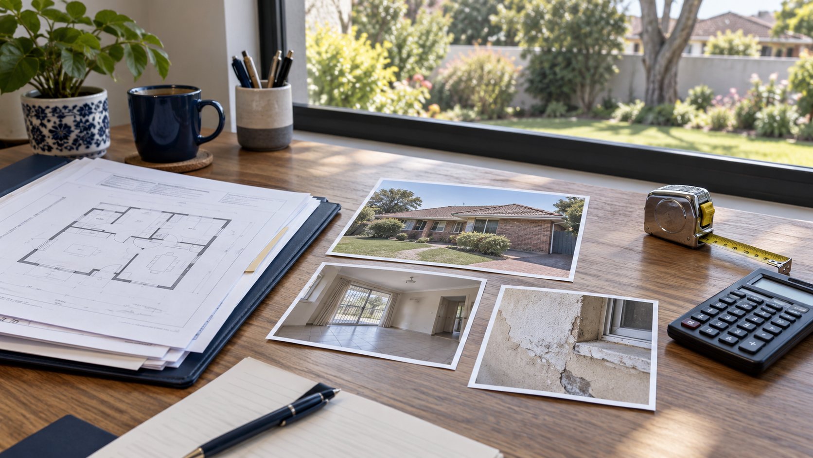 Property plans, house photographs, a tape measure and calculator on a desk